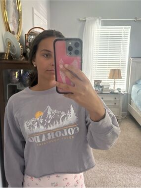 Hollister Lavender Cropped Graphic Sweatshirt with Yellow Accent